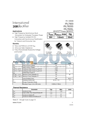 IRL7833 datasheet - HEXFETPower MOSFET