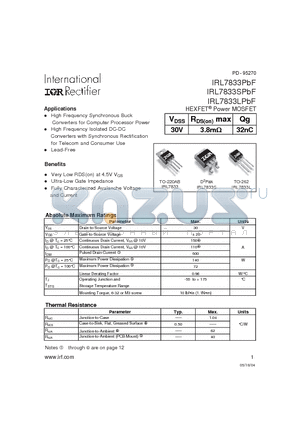 IRL7833LPBF datasheet - HEXFET^Power MOSFET