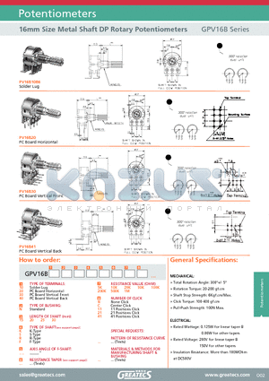 PV16B10B6 datasheet - 16mm Size Metal Shaft DP Rotary Potentiometers