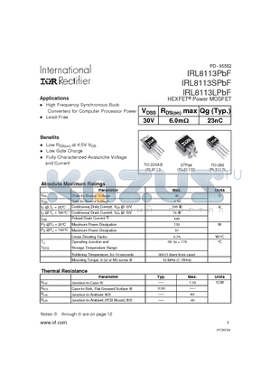 IRL8113SPBF datasheet - HEXFET Power MOSFET