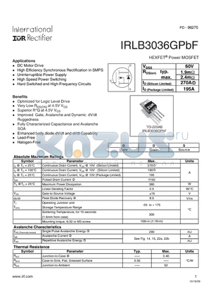 IRLB3036GPBF datasheet - HEXFET Power MOSFET