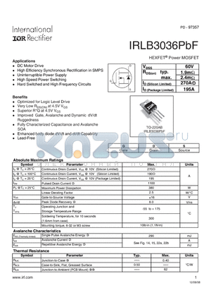 IRLB3036PBF datasheet - HEXFET Power MOSFET