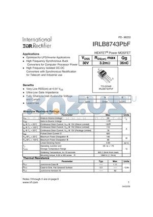 IRLB8743PBF datasheet - HEXFET Power MOSFET