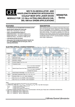 NX8567SA370-CC datasheet - EA MODULATOR AND WAVELENGTH MONITOR INTEGRATED InGaAsP MQW DFB LASER DIODE MODULE FOR 2.5 Gb/s ULTRALONG-REACH 240, 360, 600 km DWDM APPLICATIONS