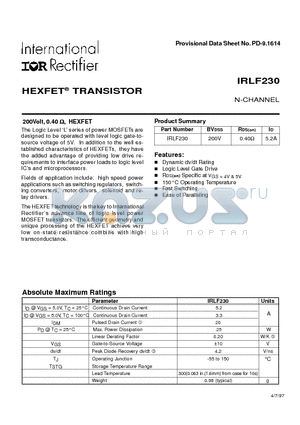 IRLF230 datasheet - HEXFET TRANSISTOR