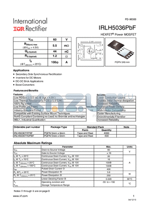 IRLH5036TR2PBF datasheet - HEXFET Power MOSFET