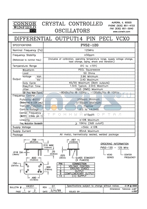 PV52-120-125M datasheet - DIFFERENTIAL OUTPUT 14 PIN PECL VCXO