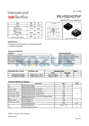 IRLHS6242TRPBF datasheet - HEXFET Power MOSFET