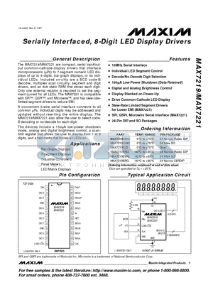 MAX7221 datasheet - Serially Interfaced, 8-Digit LED Display Drivers