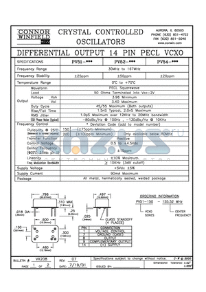 PV52-200 datasheet - DIFFERENTIAL OUTPUT 14 PIN PECL VCXO