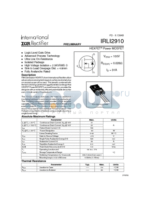 IRLI2910 datasheet - HEXFET Power MOSFET