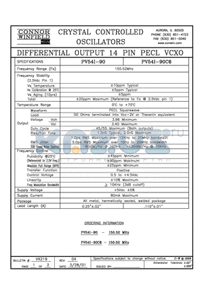 PV54I-90 datasheet - DIFFERENTIAL OUTPUT 14 PIN PECL VCXO