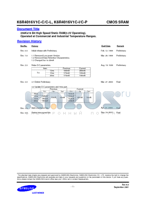 K6R4016V1C-C10 datasheet - 256Kx16 Bit High Speed Static RAM(3.3V Operating)