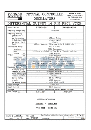 PV54I-90C6-155.52M datasheet - DIFFERENTIAL OUTPUT 14 PIN PECL VCXO