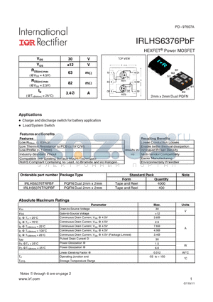 IRLHS6376PBF datasheet - HEXFET Power MOSFET
