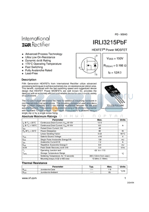 IRLI3215PBF datasheet - Advanced Process Technology