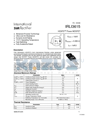 IRLI3615 datasheet - HEXFET Power MOSFET