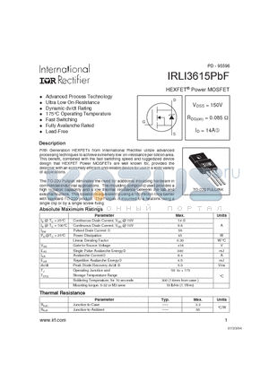 IRLI3615PBF datasheet - HEXFET Power MOSFET