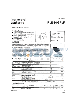 IRLI530GPBF datasheet - HEXFET Power MOSFET ( VDSS=100V , RDS(on)=0.16Y , ID=9.7A )