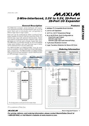 MAX7300ANI datasheet - 2-Wire-Interfaced, 2.5V to 5.5V, 20-Port or 28-Port I/O Expander