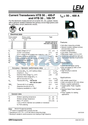 HTB100-P datasheet - Current Transducers HTB 50~400-P and HTB 50~100-TP