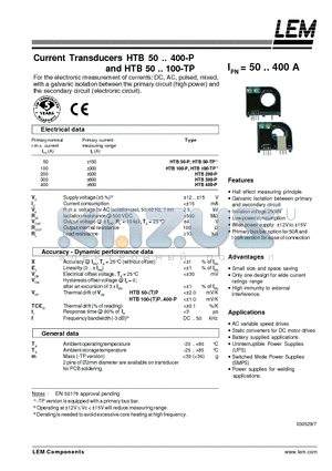 HTB100-P datasheet - Current Transducers HTB 50~400-P and HTB 50~100-TP