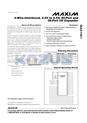 MAX7301AAI datasheet - 4-Wire-Interfaced, 2.5V to 5.5V, 20-Port and 28-Port I/O Expander