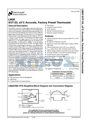 LM26 datasheet - SOT-23, a3`C Accurate, Factory Preset Thermostat