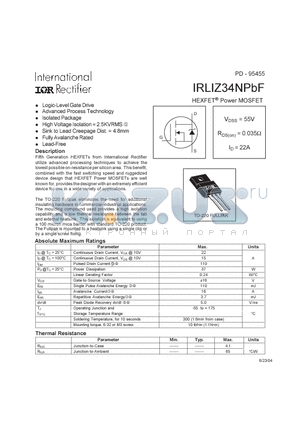IRLIZ34NPBF datasheet - HEXFET Power MOSFET