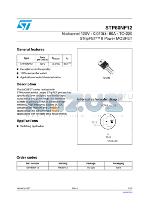 P80NF12 datasheet - N-channel 120V - 0.013ohm - 80A - TO-220 STripFET TM II Power MOSFET