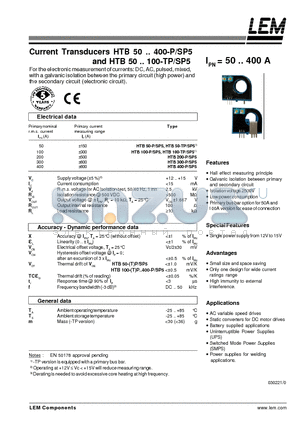 HTB400-P/SP5 datasheet - Current Transducers HTB 50~400-P/SP5 and HTB 50~100-TP/SP5