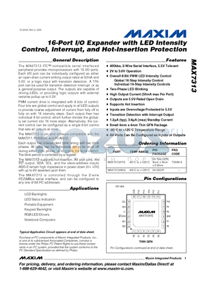 MAX7313 datasheet - 16-Port I/O Expander with LED Intensity Control, Interrupt, and Hot-Insertion Protection