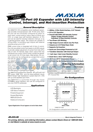 MAX7313 datasheet - 16-Port I/O Expander with LED Intensity Control, Interrupt, and Hot-Insertion Protection