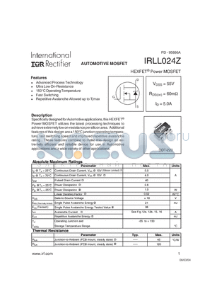 IRLL024Z datasheet - AUTOMOTIVE MOSFET