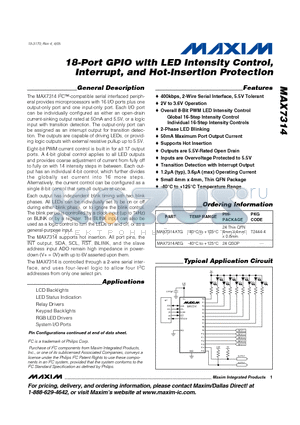 MAX7314 datasheet - 18-Port GPIO with LED Intensity Control, Interrupt, and Hot-Insertion Protection