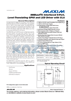 MAX7302 datasheet - SMBus/I2C Interfaced 9-Port, Level-Translating GPIO and LED Driver with CLA