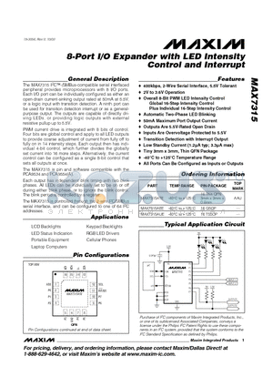 MAX7315AUE datasheet - 8-Port I/O Expander with LED Intensity Control and Interrupt