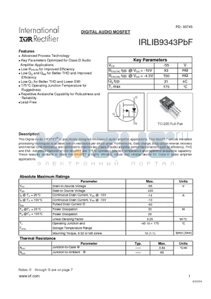 IRLIB9343PBF datasheet - DIGITAL AUDIO MOSFET