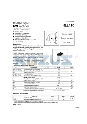 IRLL110 datasheet - Power MOSFET(Vdss=100V, Rds(on)=0.54ohm, Id=1.5A)