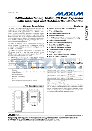 MAX7318 datasheet - 2-Wire-Interfaced, 16-Bit, I/O Port Expander with Interrupt and Hot-Insertion Protection