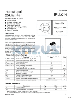 IRLL014 datasheet - HEXFET^ Power MOSFET