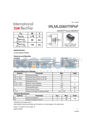 IRLML0060TRPBF datasheet - HEXFET Power MOSFET