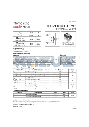 IRLML0100TRPBF datasheet - HEXFET Power MOSFET