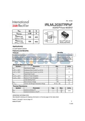IRLML2030TRPBF datasheet - HEXFET Power MOSFET