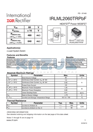 IRLML2060TRPBF datasheet - HEXFET Power MOSFET