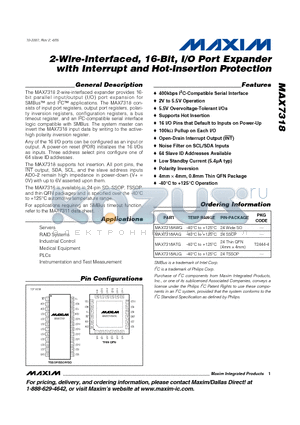 MAX7318AAG datasheet - 2-Wire-Interfaced, 16-Bit, I/O Port Expander with Interrupt and Hot-Insertion Protection