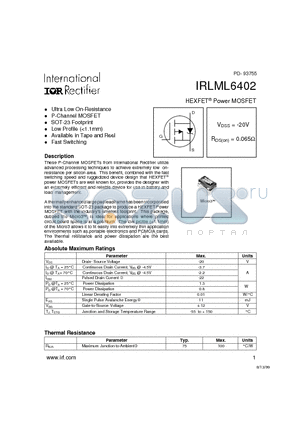 IRLML2402 datasheet - HEXFET Power MOSFET