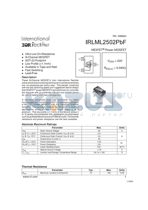 IRLML2502PBF datasheet - HEXFET Power MOSFET