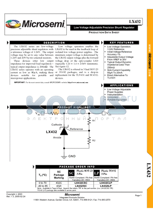 LX432 datasheet - Low Voltage Adjustable Precision Shunt Regulator