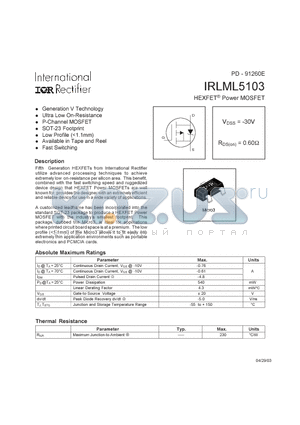 IRLML5103 datasheet - Power MOSFET(Vdss=-30V, Rds(on)=0.60ohm)